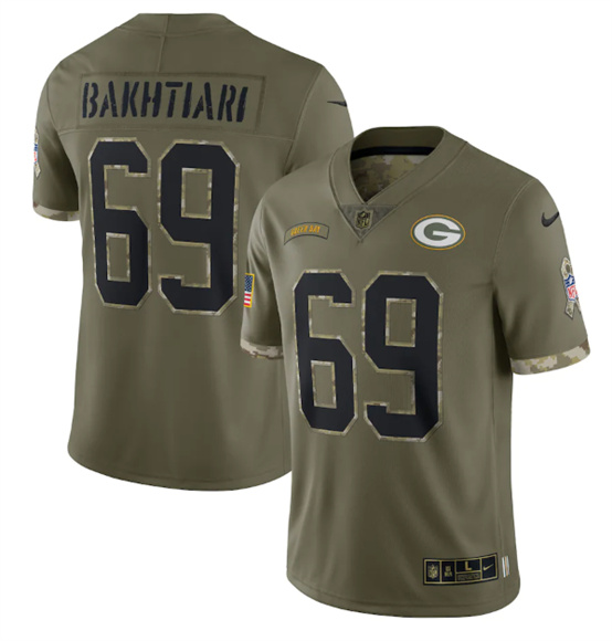 Men's Green Bay Packers #69 David Bakhtiari 2022 Olive Salute To Service Limited Stitched Jersey